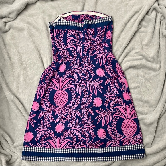 Vintage Lilly Pulitzer Gingham Pineapple Print Strapless Corset Sun Dress Size 0 - Picture 2 of 8